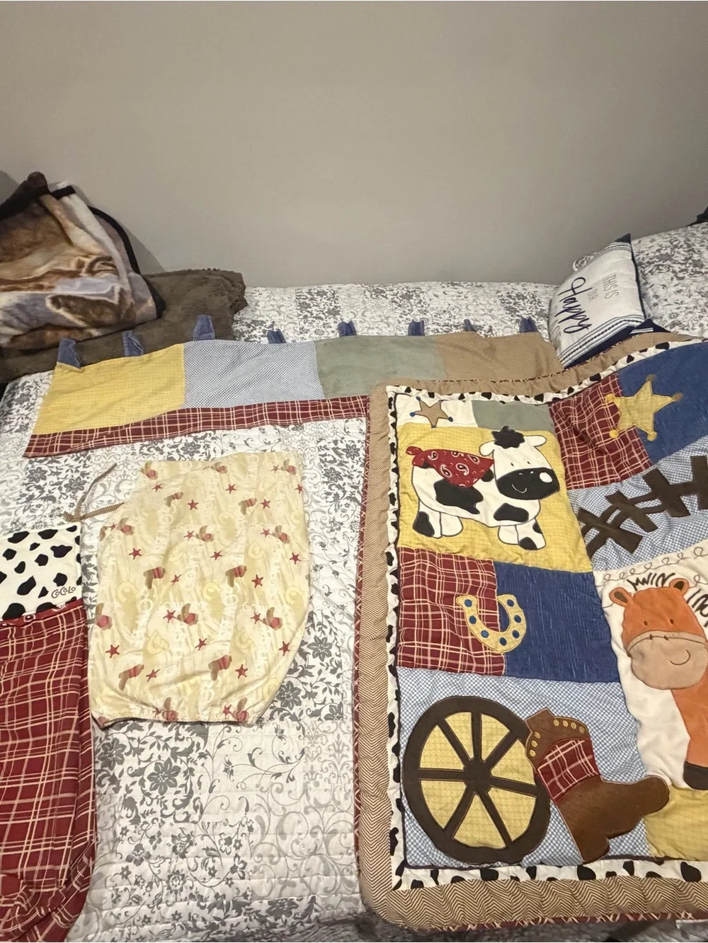 Vintage CoCalo wild west design with a horse and cow 4 piece nursery bedding.
